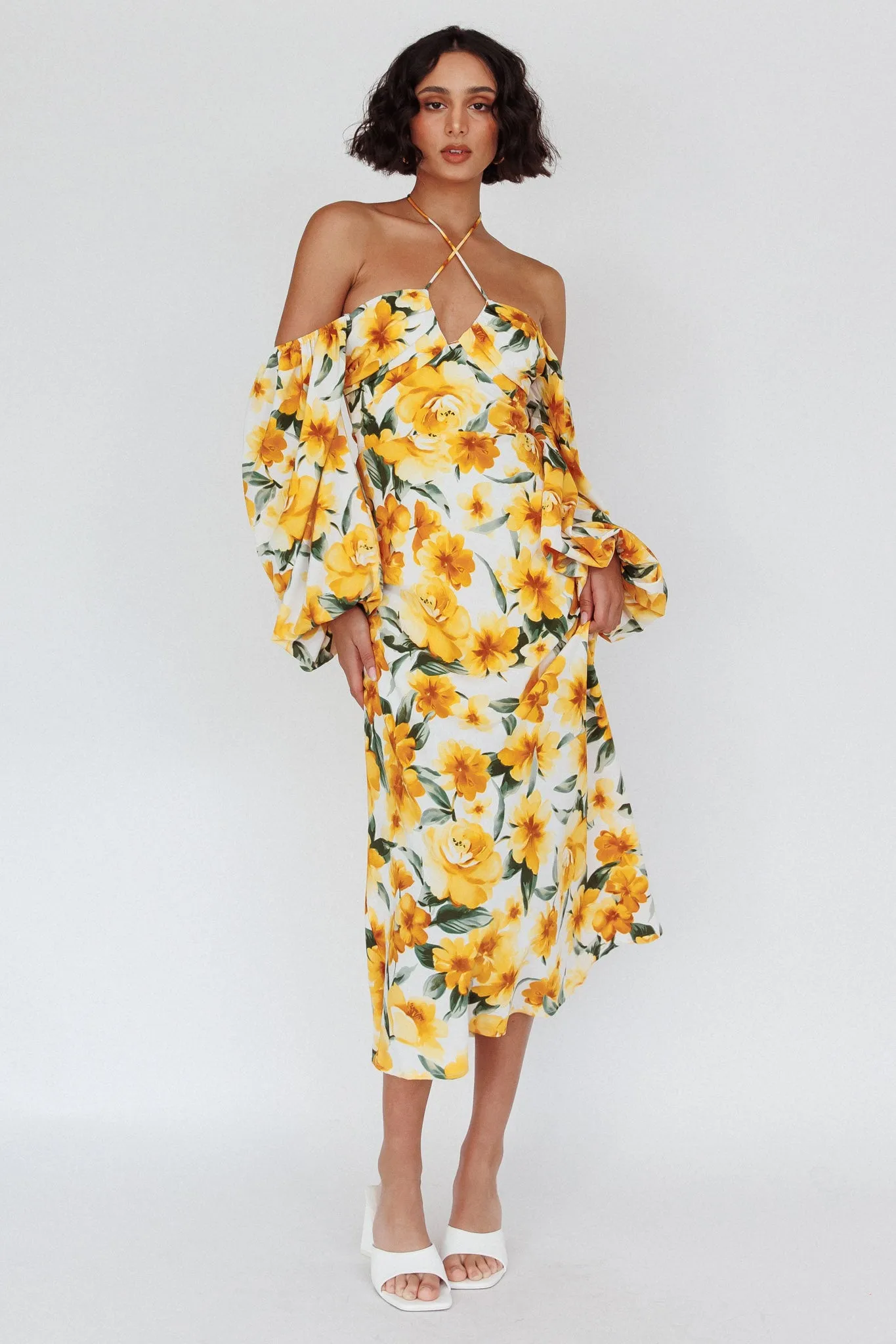 Nyree Long Sleeve Midi Dress Flowers Yellow sold by Selfie Leslie product image thumbnail 5