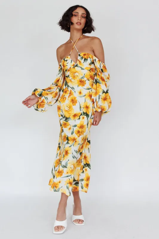 Nyree Long Sleeve Midi Dress Flowers Yellow sold by Selfie Leslie