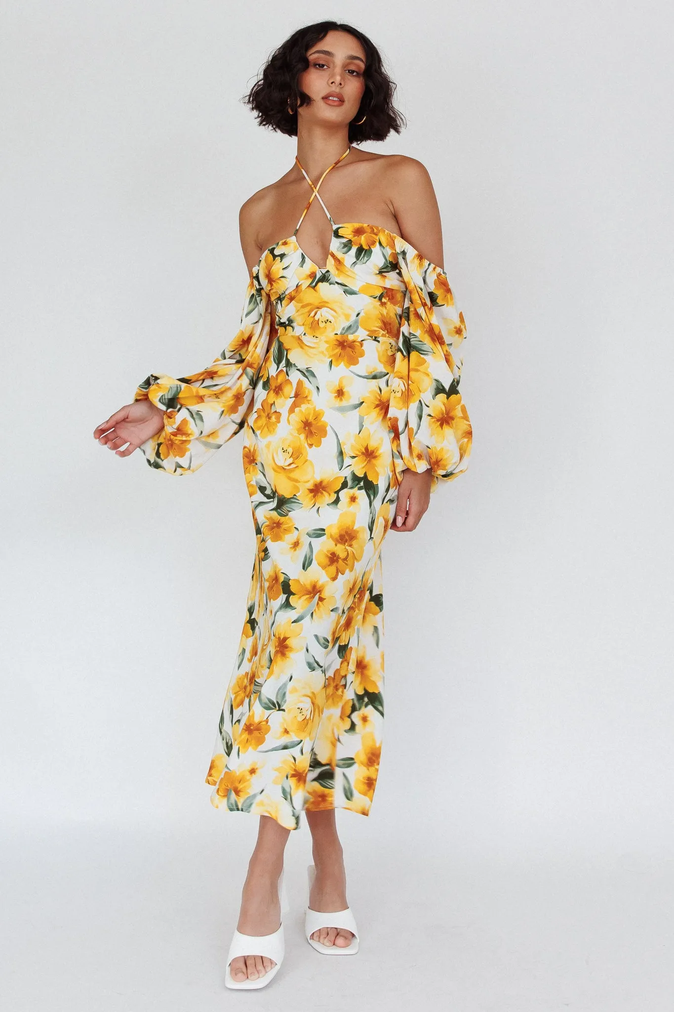 Nyree Long Sleeve Midi Dress Flowers Yellow sold by Selfie Leslie