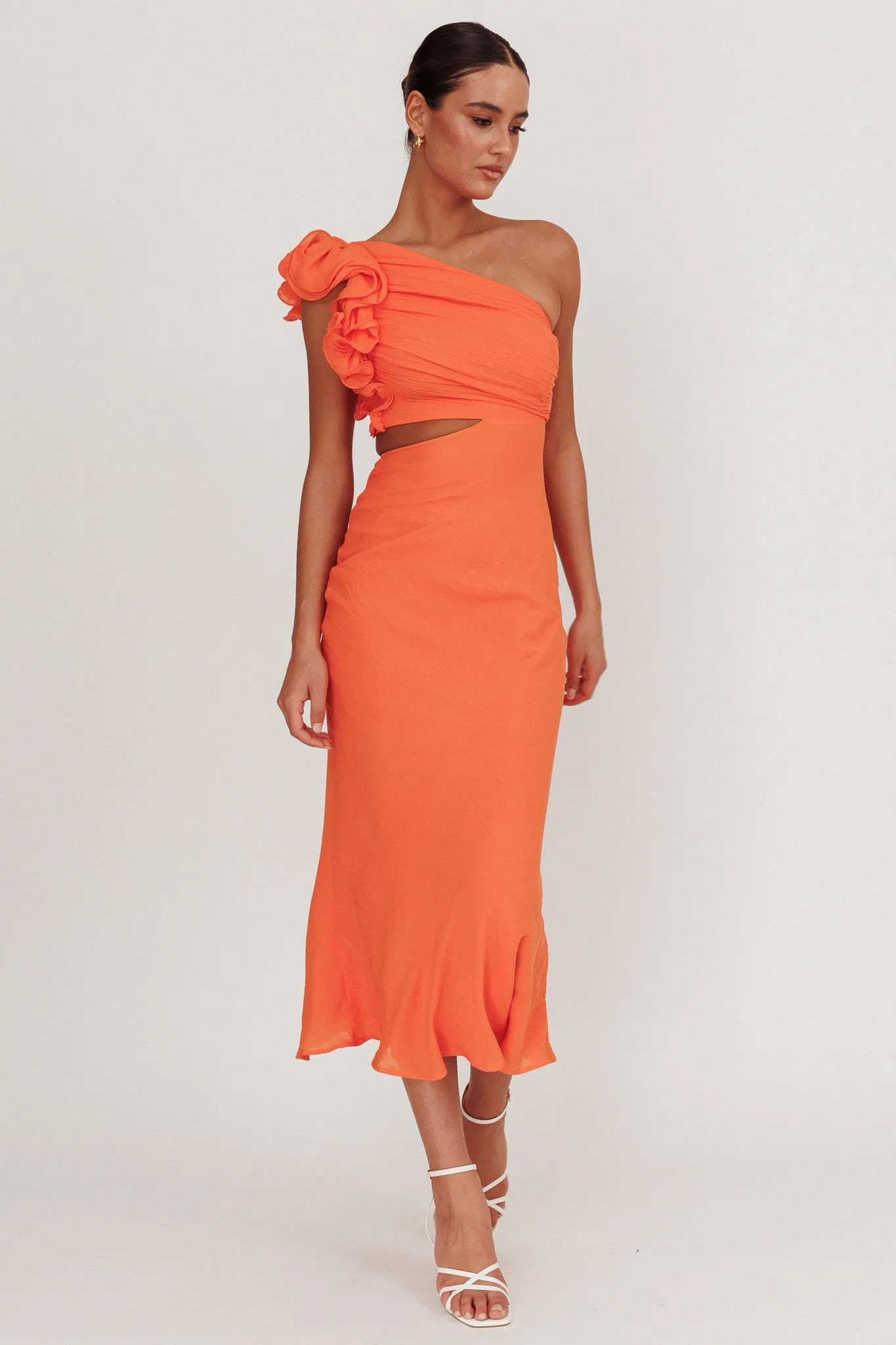 Deanna One-Shoulder Ruffle Maxi Dress Orange sold by Selfie Leslie