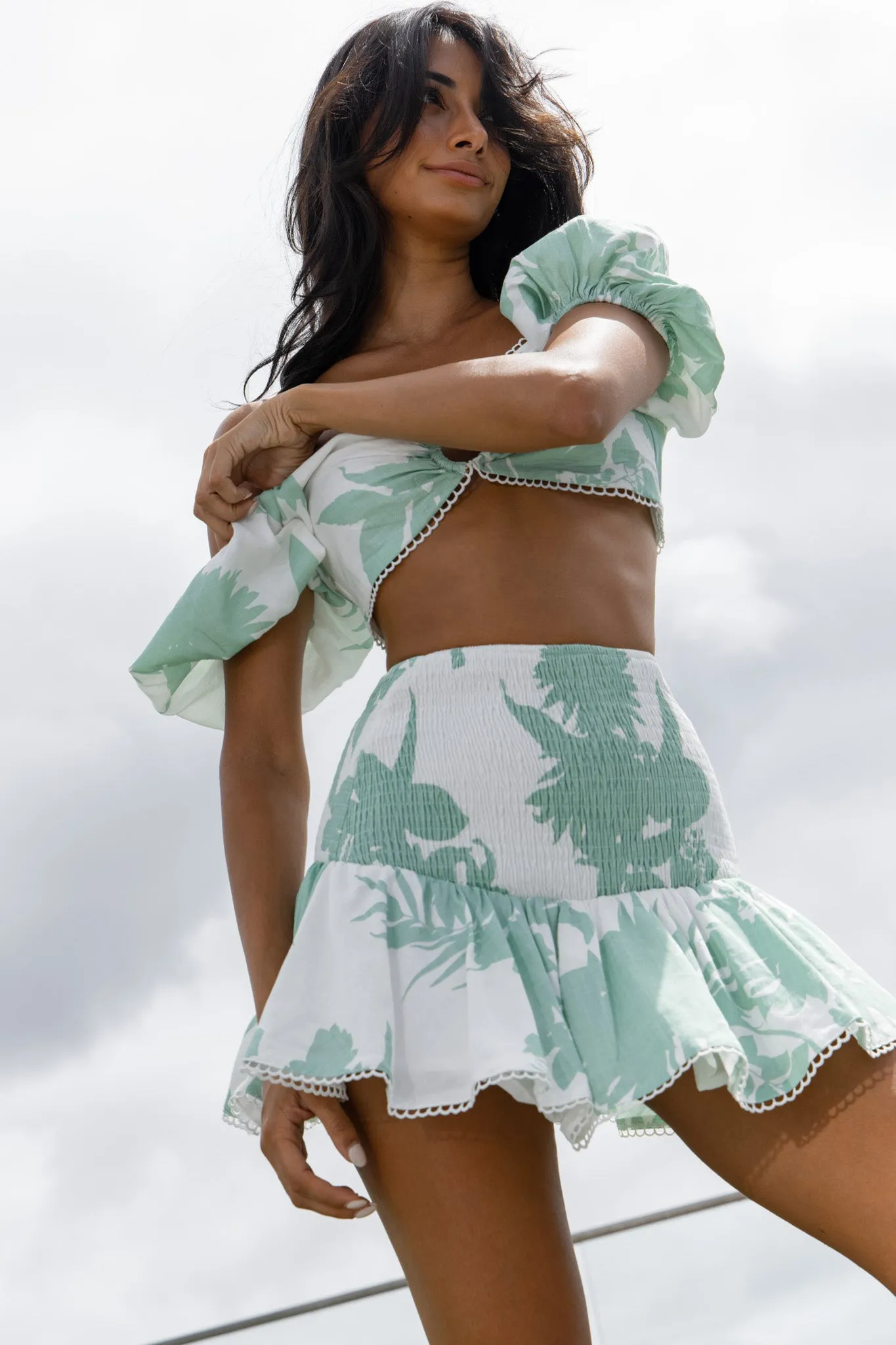 Escape With Me Shirred Mini Skirt Printed Sage sold by Selfie Leslie