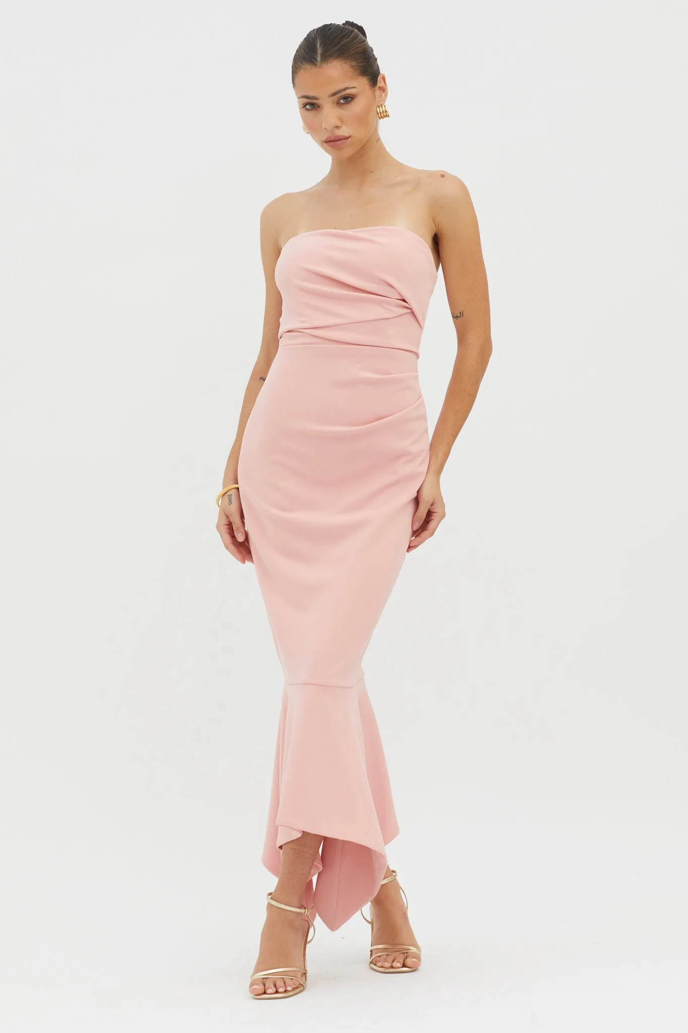 Sharona Strapless Gathered Midi Dress Blush sold by Selfie Leslie