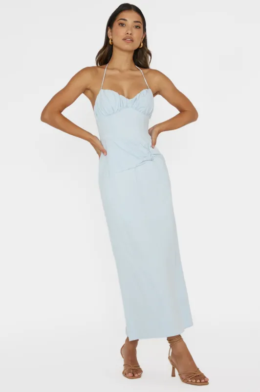 Arielle Gathered Bust Halterneck Midi Dress Pale Blue sold by Selfie Leslie