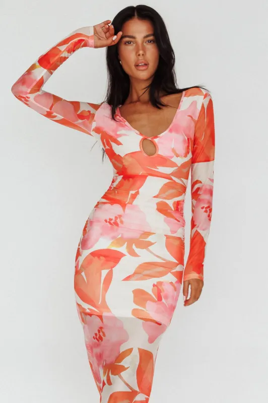 Chardae Long Sleeve Mesh Midi Dress Floral Pink sold by Selfie Leslie