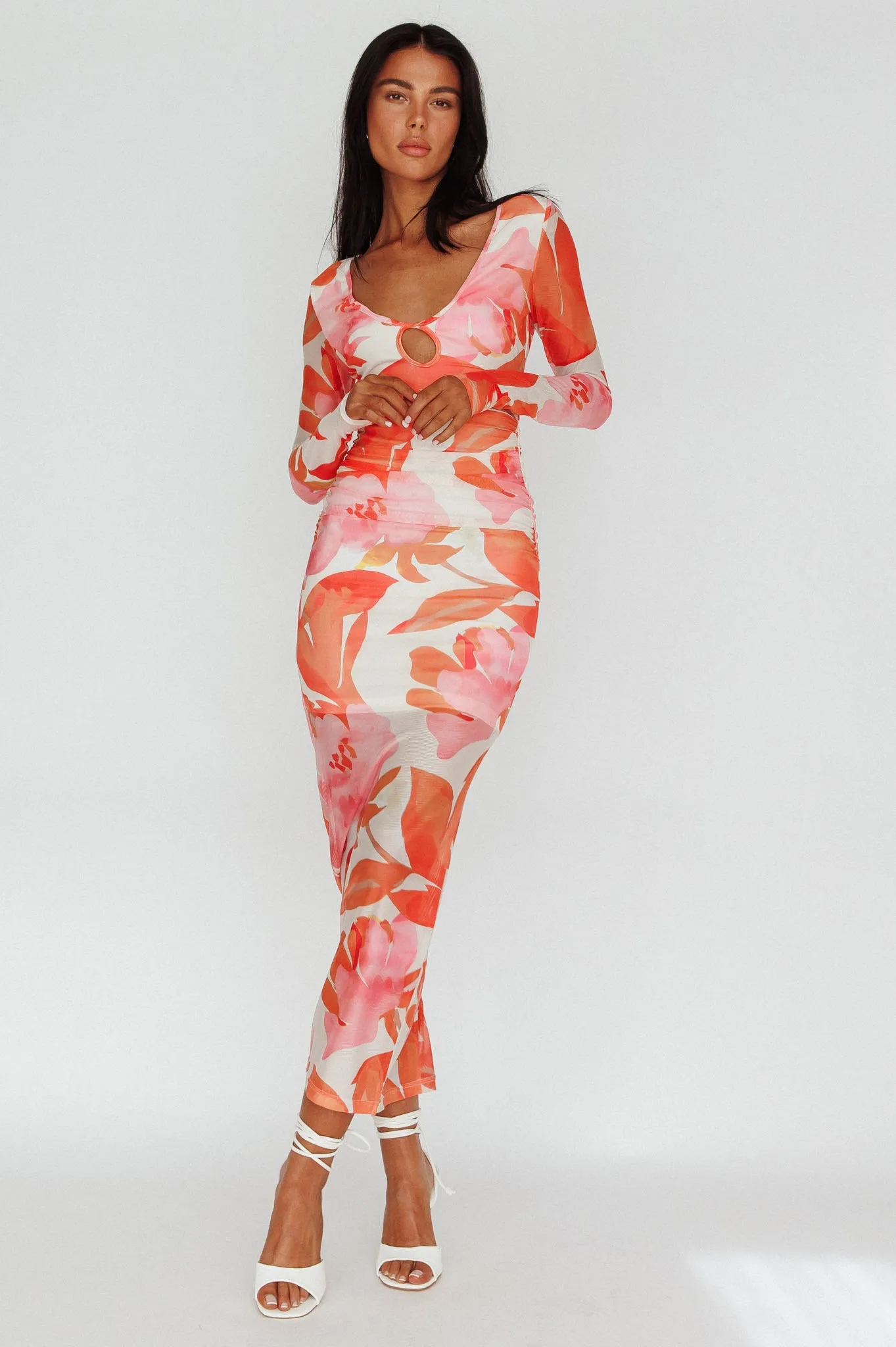 Chardae Long Sleeve Mesh Midi Dress Floral Pink sold by Selfie Leslie product image thumbnail 3