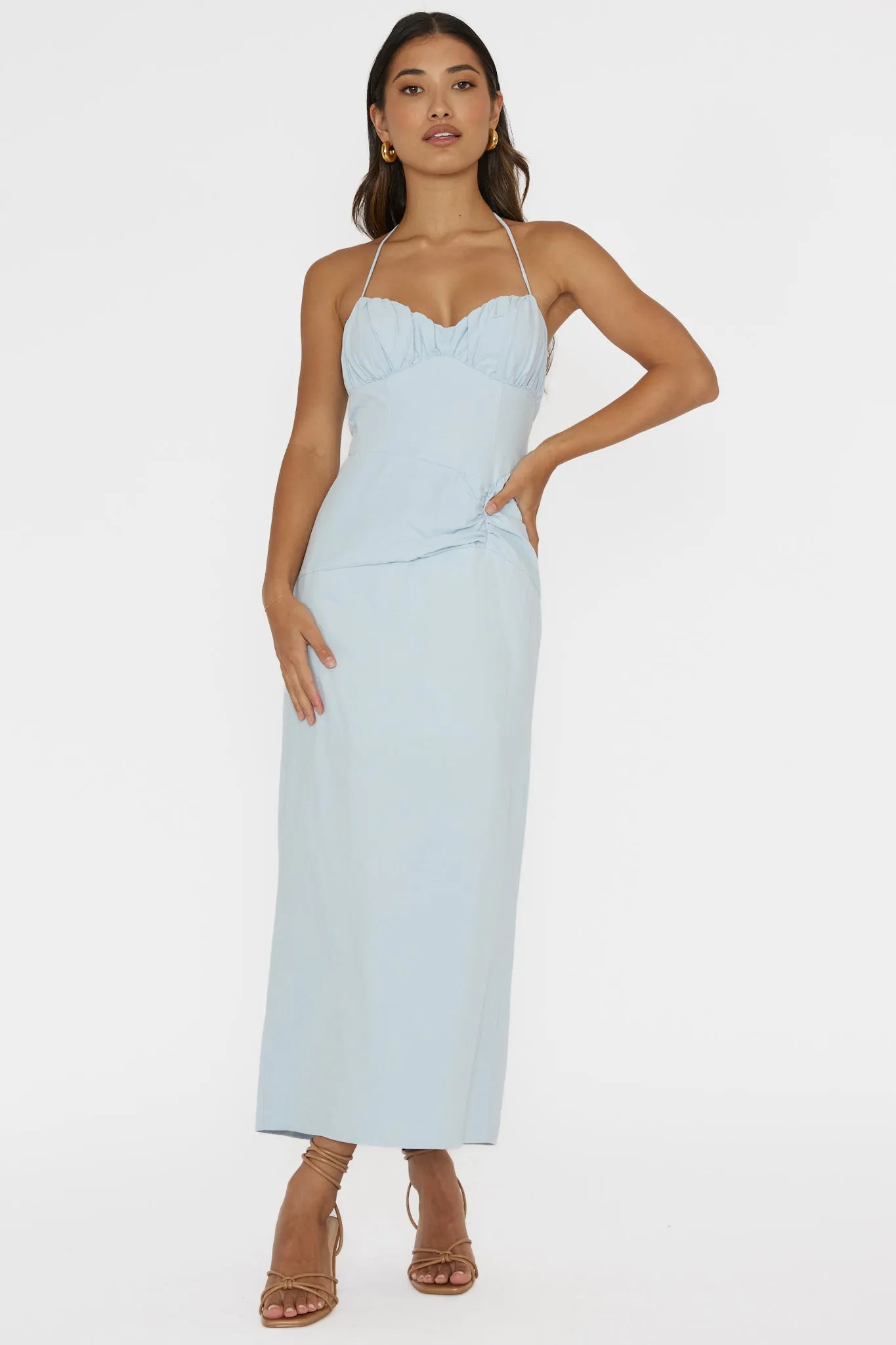 Arielle Gathered Bust Halterneck Midi Dress Pale Blue sold by Selfie Leslie product image thumbnail 3