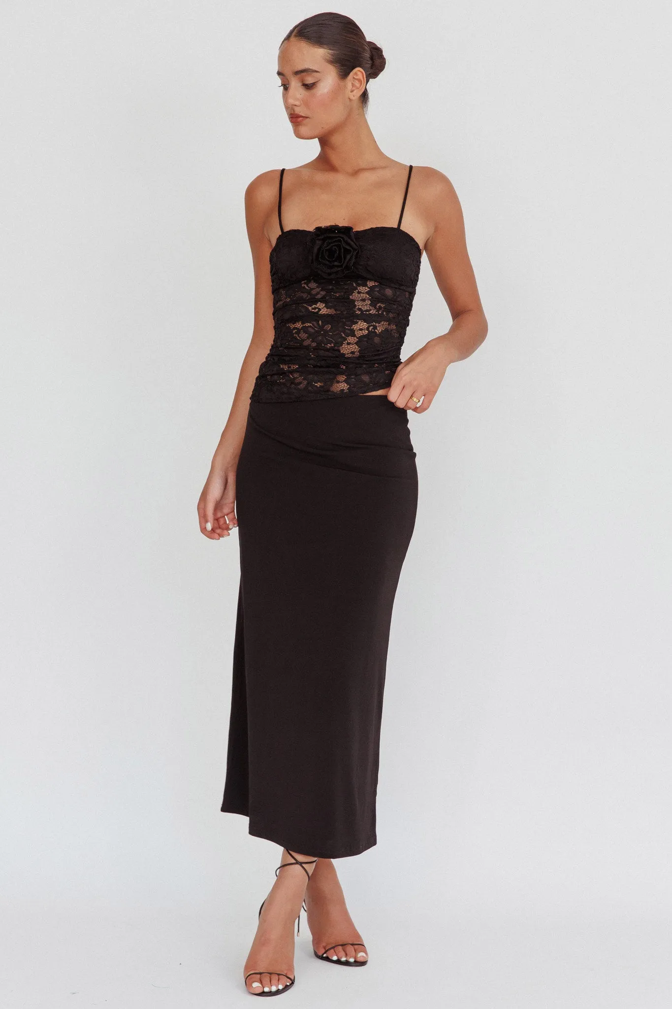 Lorely Lace Rosette Maxi Dress Top Black sold by Selfie Leslie
