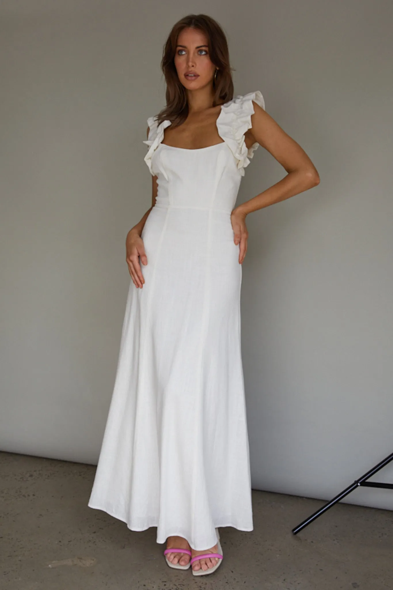 Bronte Ruffle Strap Midi Dress Cream sold by Selfie Leslie