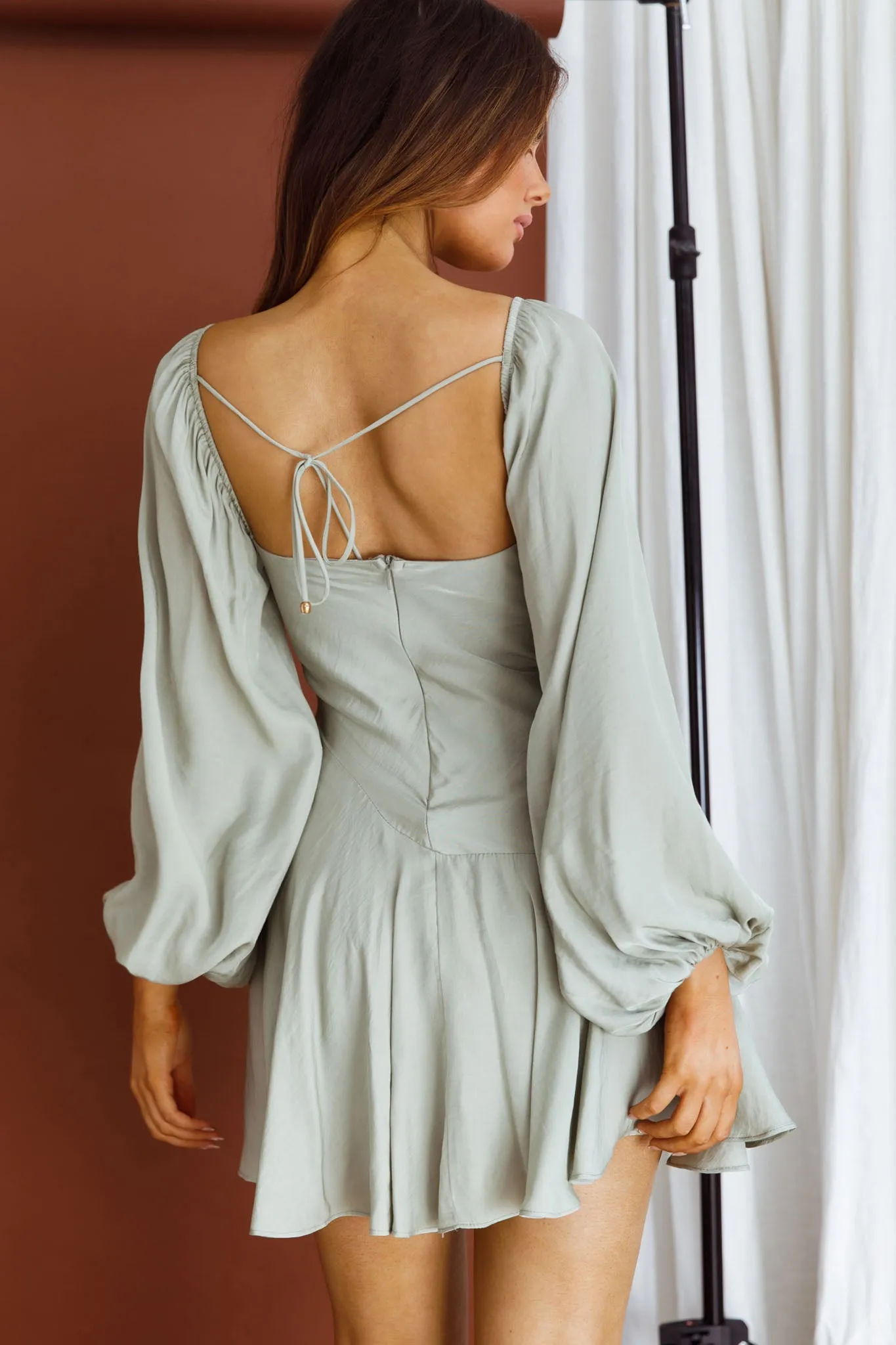 Beaujolais Long Sleeve Cowl Neckline Ruffle Satin Mini Dress Pistachio sold by Selfie Leslie product image thumbnail 3