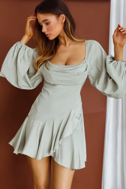 Beaujolais Long Sleeve Cowl Neckline Ruffle Satin Mini Dress Pistachio sold by Selfie Leslie