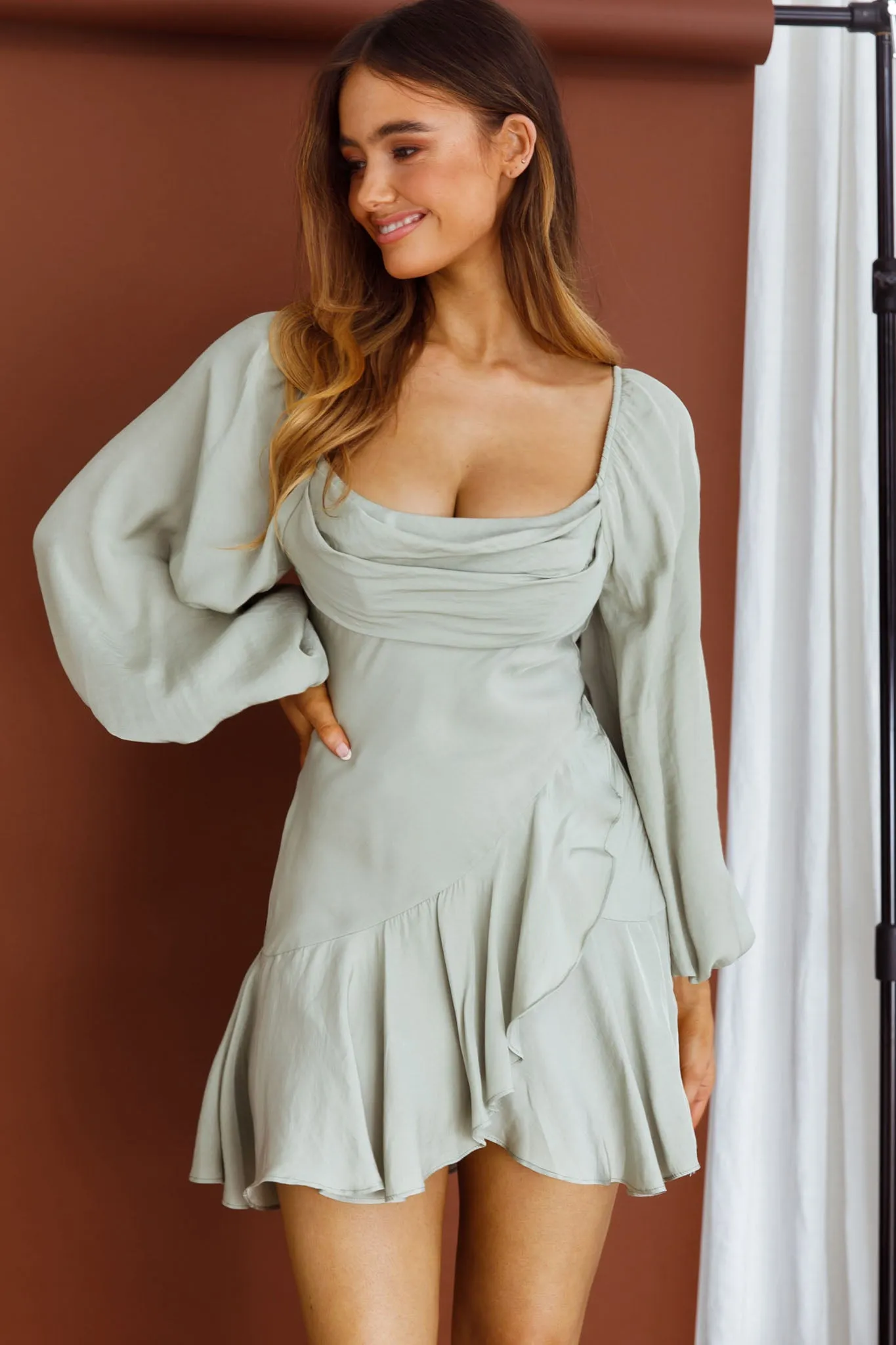 Beaujolais Long Sleeve Cowl Neckline Ruffle Satin Mini Dress Pistachio sold by Selfie Leslie product image thumbnail 4