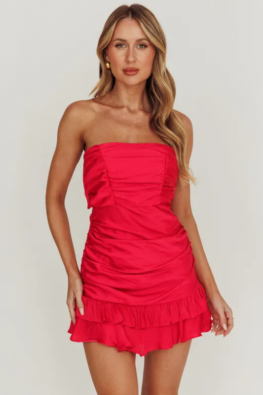 Annabella Strapless Tied Back Frill Hem Mini Dress Fuchsia sold by Selfie Leslie