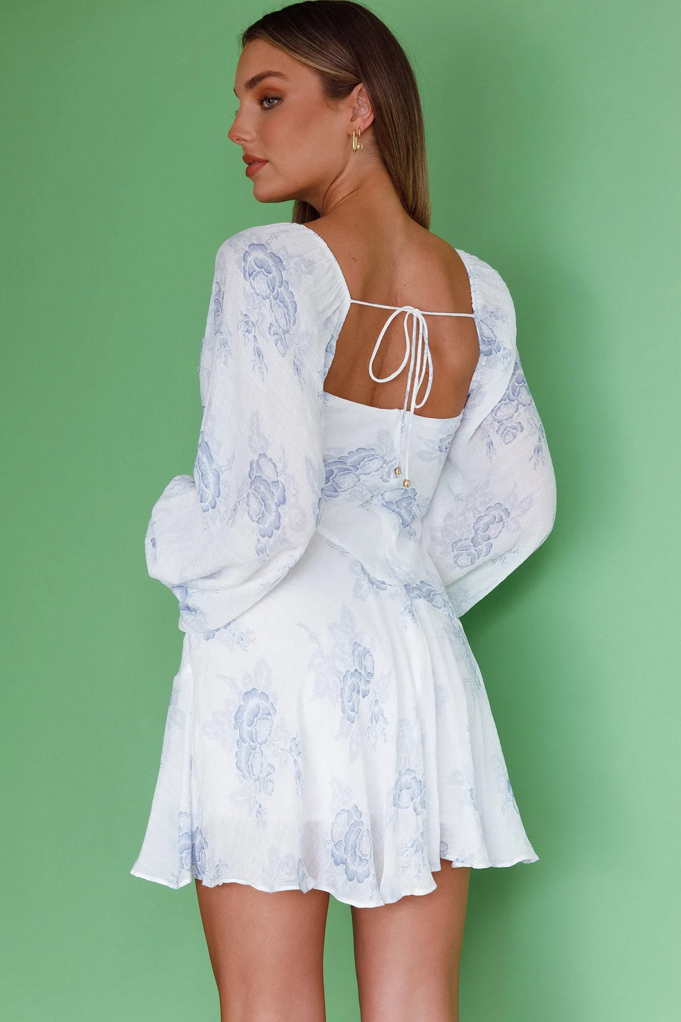 Beaujolais Long Sleeve Cowl Neckline Ruffle Mini Dress Floral Blue sold by Selfie Leslie product image thumbnail 2