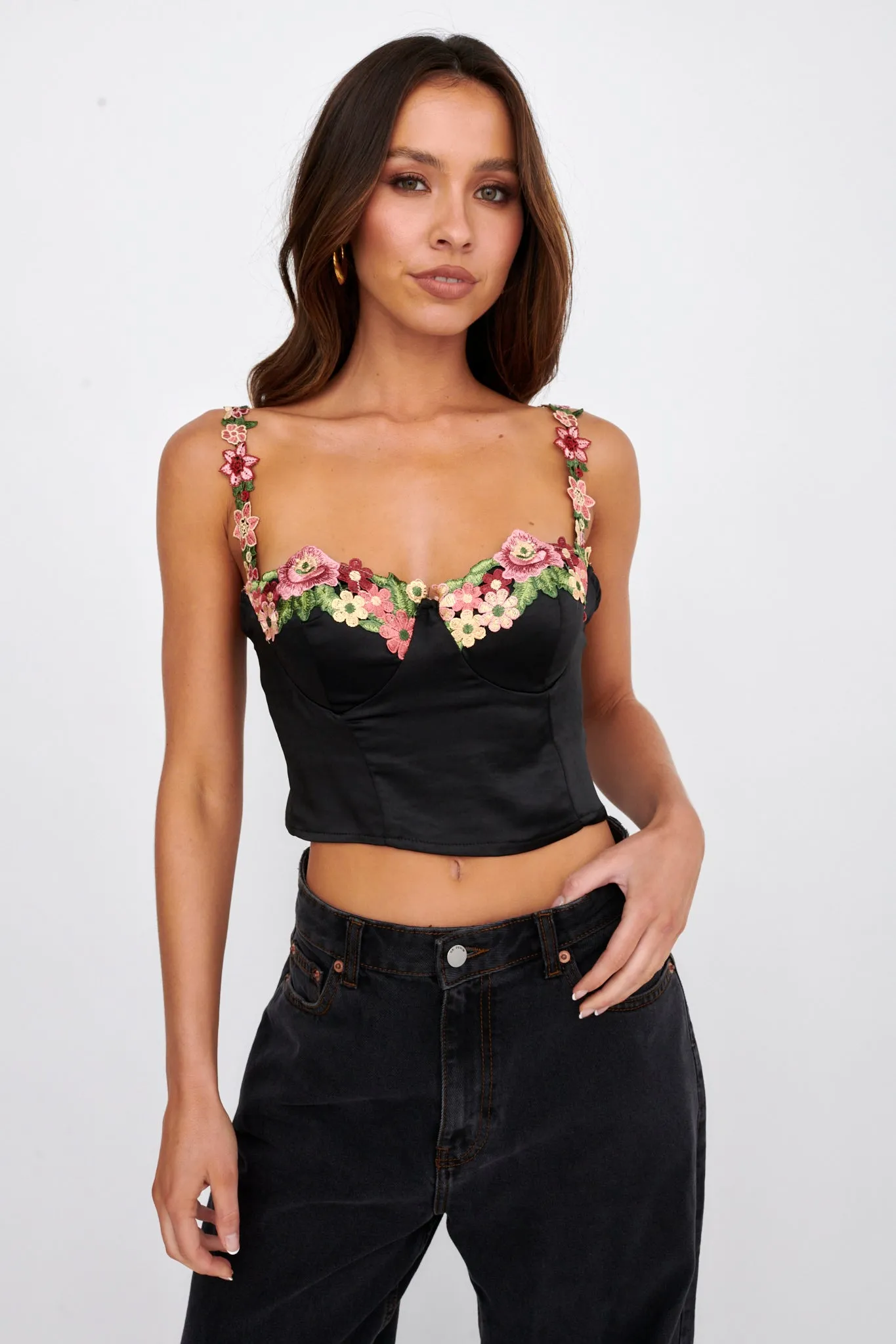 Rose Garden Floral Applique Crop Top Black sold by Selfie Leslie product image thumbnail 4
