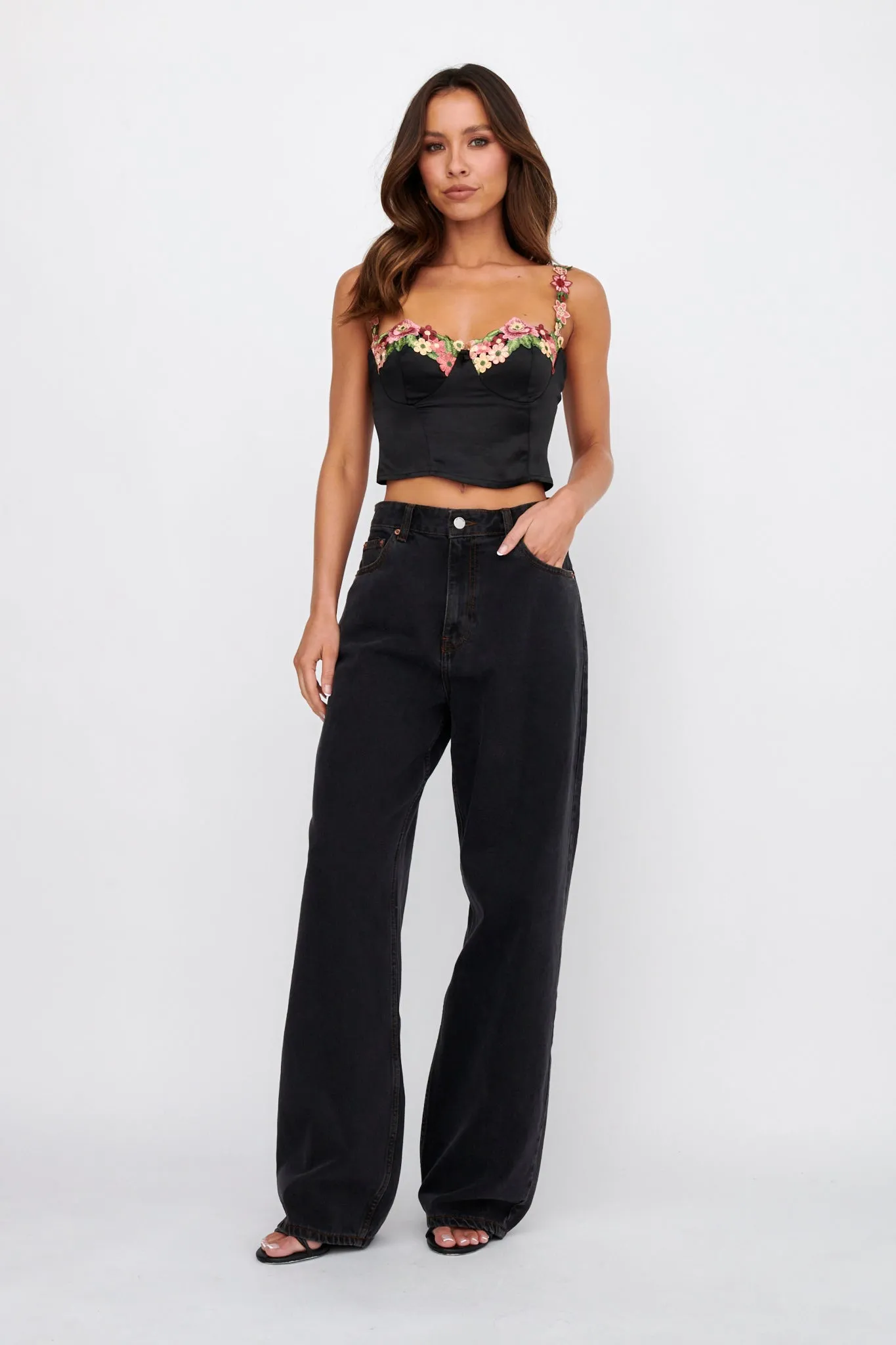 Rose Garden Floral Applique Crop Top Black sold by Selfie Leslie product image thumbnail 2