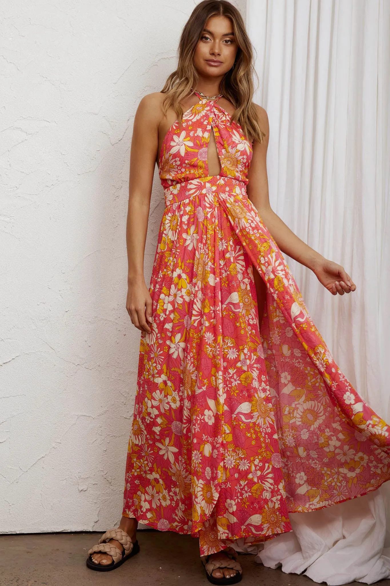 Athena High Split Maxi Dress Retro Floral Orange sold by Selfie Leslie product image thumbnail 3
