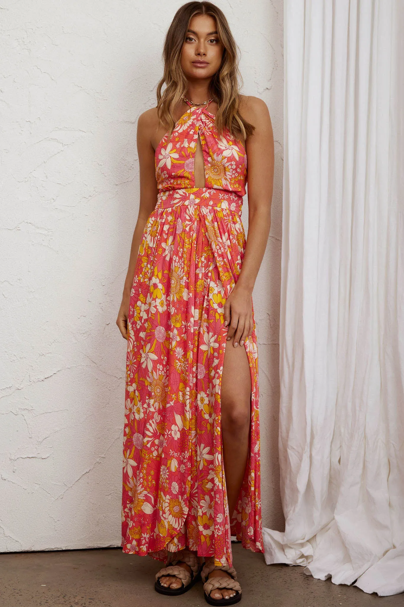 Athena High Split Maxi Dress Retro Floral Orange sold by Selfie Leslie product image thumbnail 5