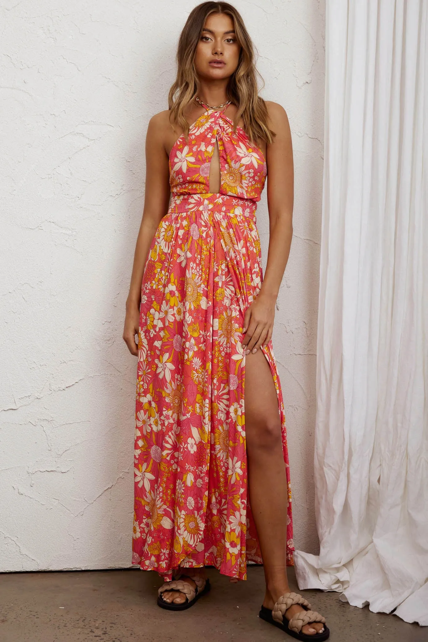 Athena High Split Maxi Dress Retro Floral Orange sold by Selfie Leslie