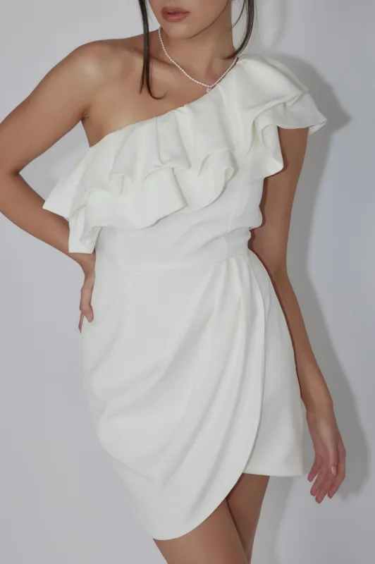 Midnight Star One-Shoulder Ruffle Mini Dress Off White sold by Selfie Leslie