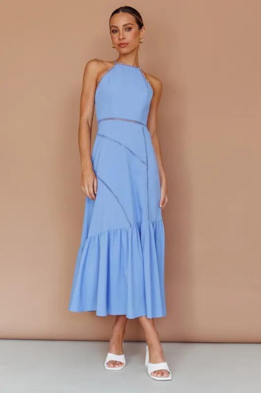 Felini Criss-Cross Back Flounce Midi Dress Blue sold by Selfie Leslie