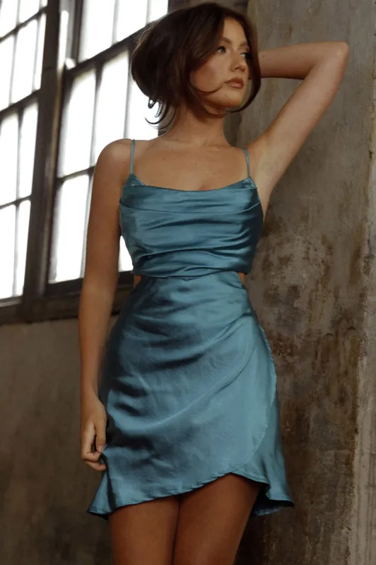 Shaken Not Stirred Cut-Out Waist Pleat Detail Mini Dress Soft Blue sold by Selfie Leslie