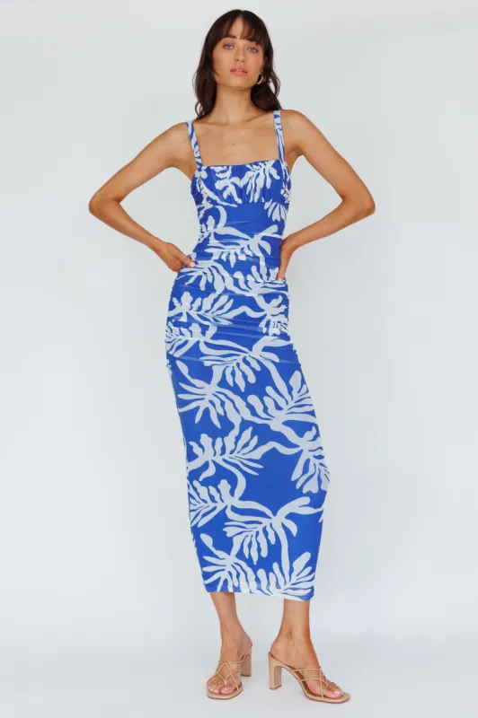 Hawaiian Sun Ruched Bust Midi Dress Print Blue sold by Selfie Leslie