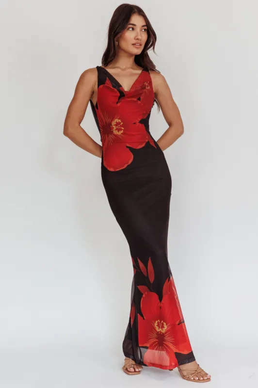 Cassiopeia Open Back Maxi Dress Hibiscus Black sold by Selfie Leslie