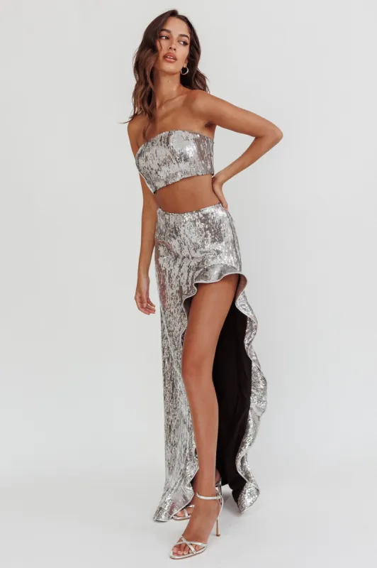 Star Girls Open Split Sequin Maxi Skirt Silver sold by Selfie Leslie