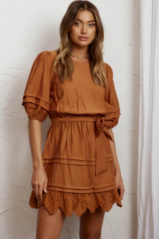 Laiken Waist Tie Pintuck Dress Tan sold by Selfie Leslie
