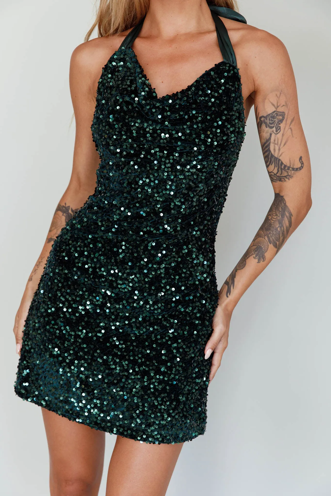 Star Lights Halterneck Mini Dress Sequin Emerald sold by Selfie Leslie product image thumbnail 4