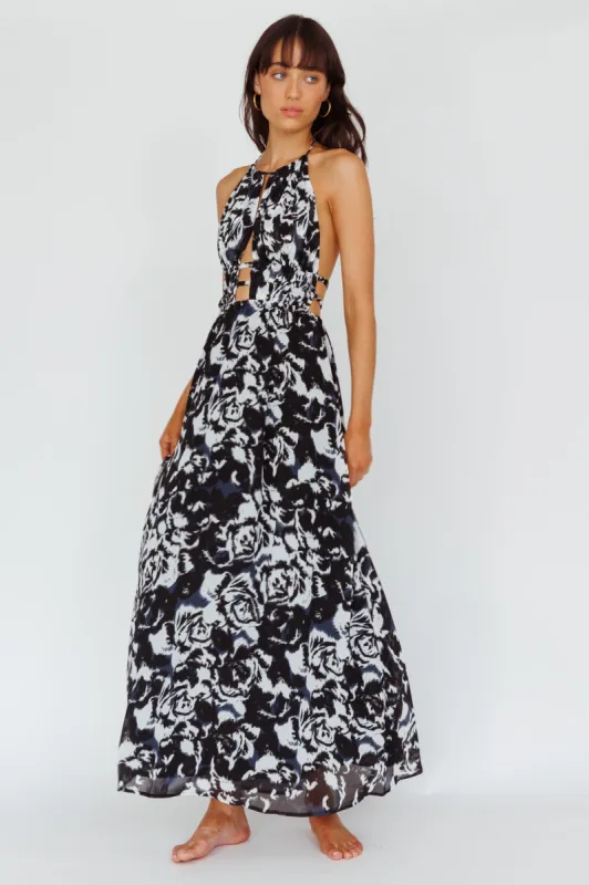 Cyndi Open Back Halterneck Maxi Dress Floral Black sold by Selfie Leslie