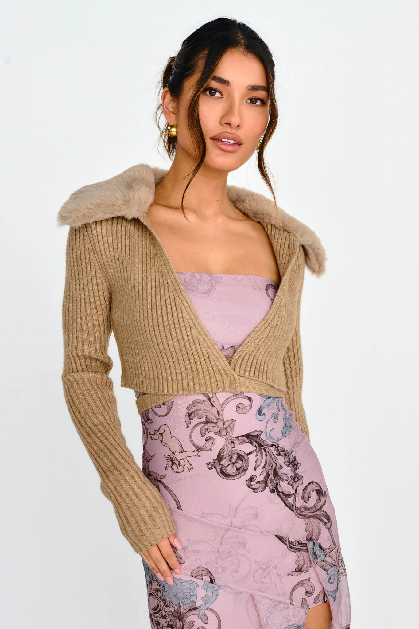 Hollyoak Fur Collar Knit Crop Top Oatmeal sold by Selfie Leslie