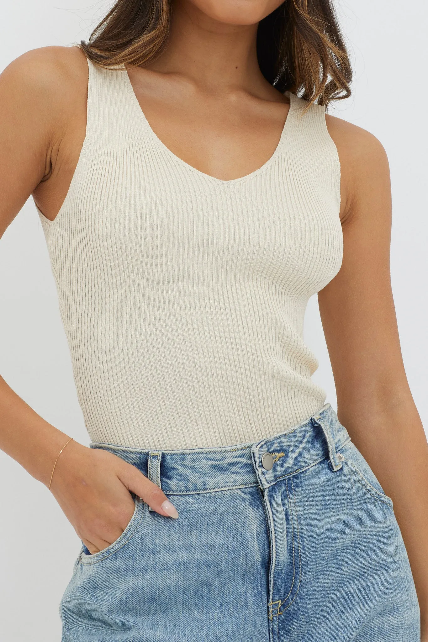 Off-Duty V-Neck Ribbed Knit Top Cream sold by Selfie Leslie product image thumbnail 4