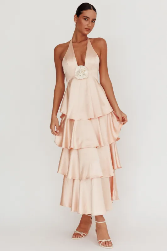 Catalina Tiered Ruffle Rosette Maxi Dress Peach sold by Selfie Leslie