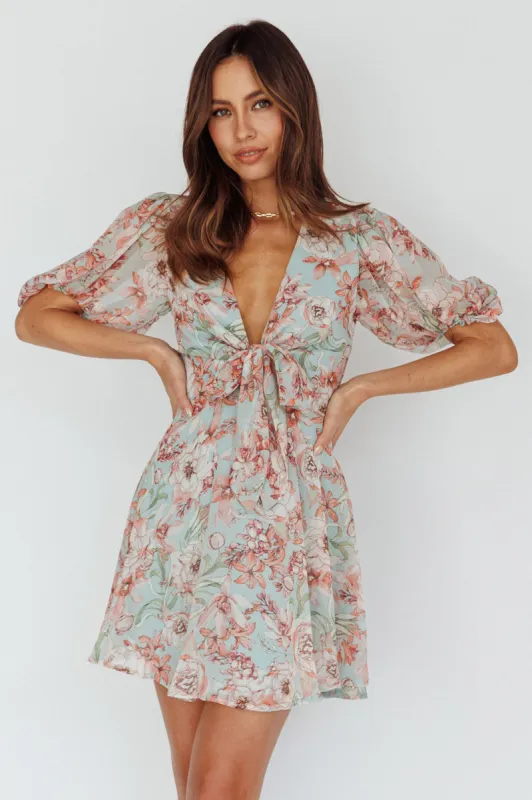 Madison Bow Tie Bust Puff Sleeve Dress Floral Mint sold by Selfie Leslie