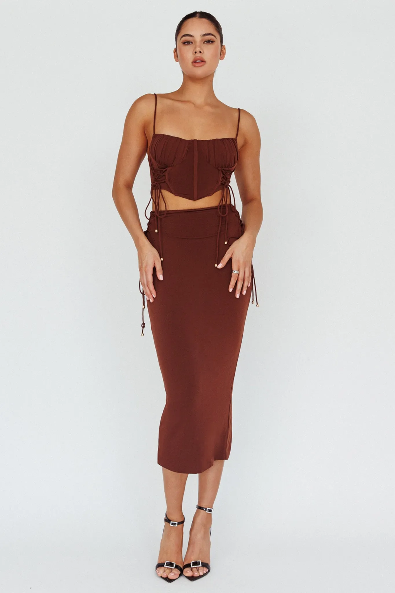 Graziella Lace Up Midi Skirt Chocolate sold by Selfie Leslie product image thumbnail 5