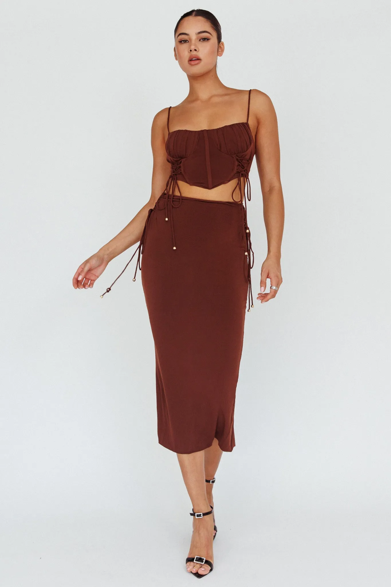 Graziella Lace Up Midi Skirt Chocolate sold by Selfie Leslie