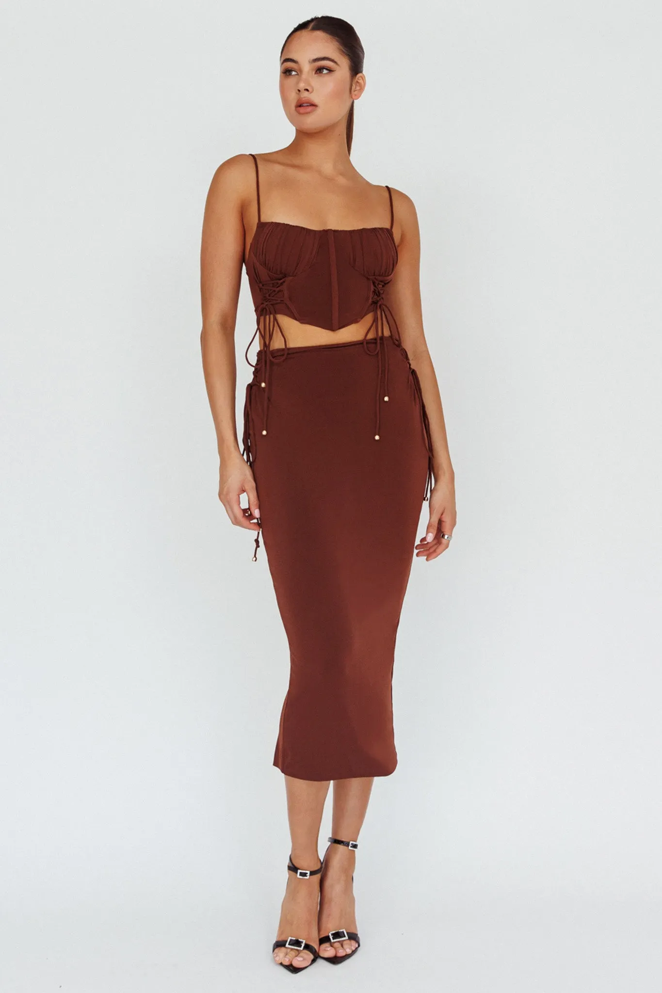 Graziella Lace Up Midi Skirt Chocolate sold by Selfie Leslie product image thumbnail 3