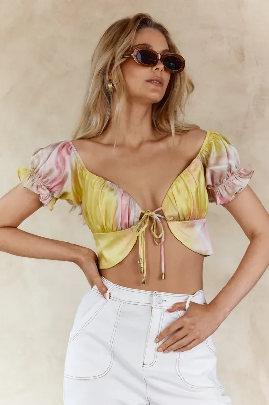 Chasing Waterfalls Double Tie Puff Sleeve Satin Crop Top Pink/Yellow sold by Selfie Leslie