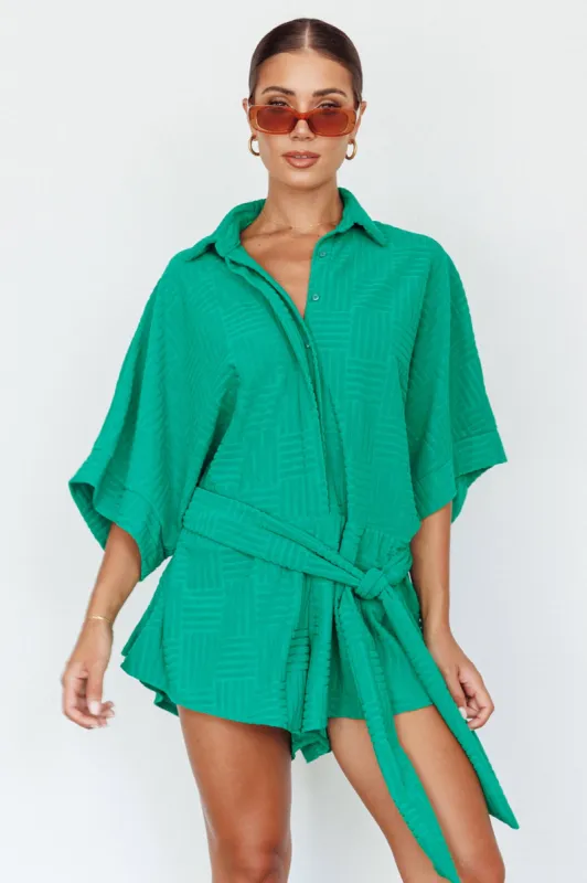 Daytona Beach Button-Up Romper Textured Green sold by Selfie Leslie