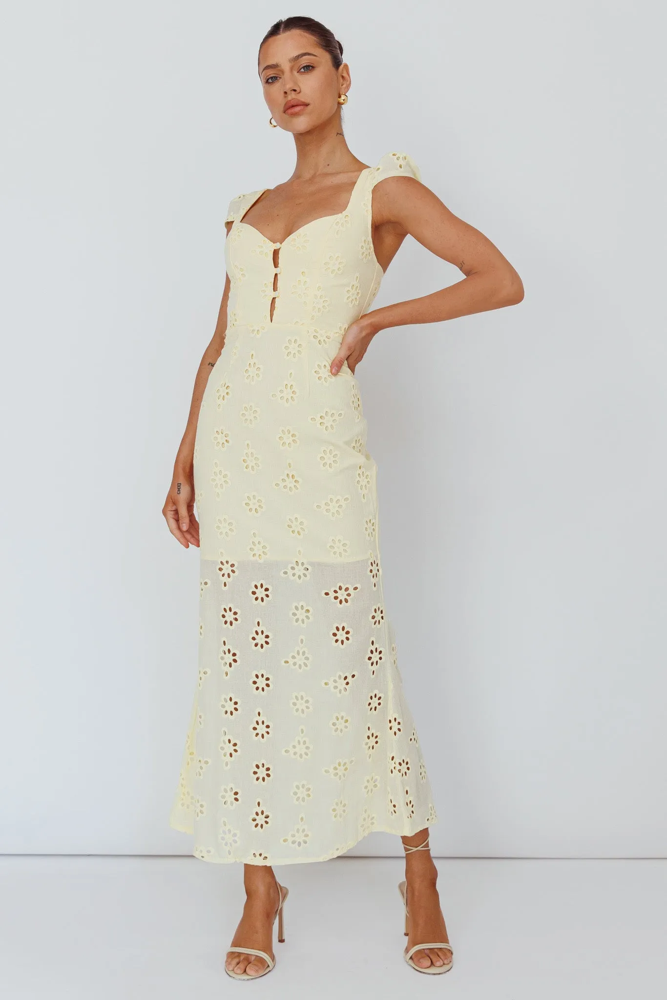 Bohemian Sun Cap Sleeve Eyelet Midi Dress Yellow sold by Selfie Leslie product image thumbnail 5