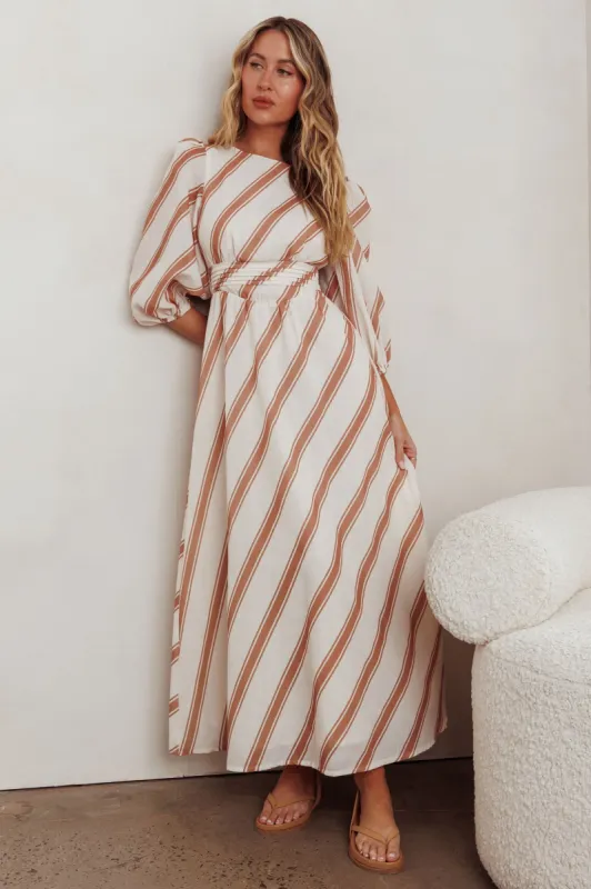 Transcendent Puff Sleeves Striped Maxi Dress Tan sold by Selfie Leslie