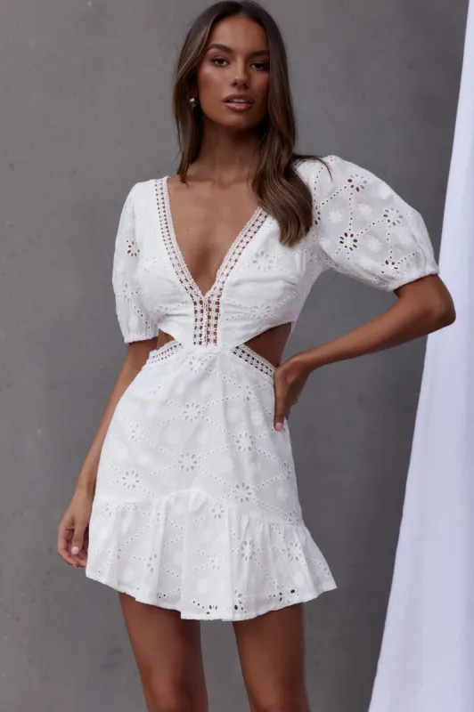 Santorini Sunset Puff Sleeve Cut-Out Eyelet Dress White sold by Selfie Leslie