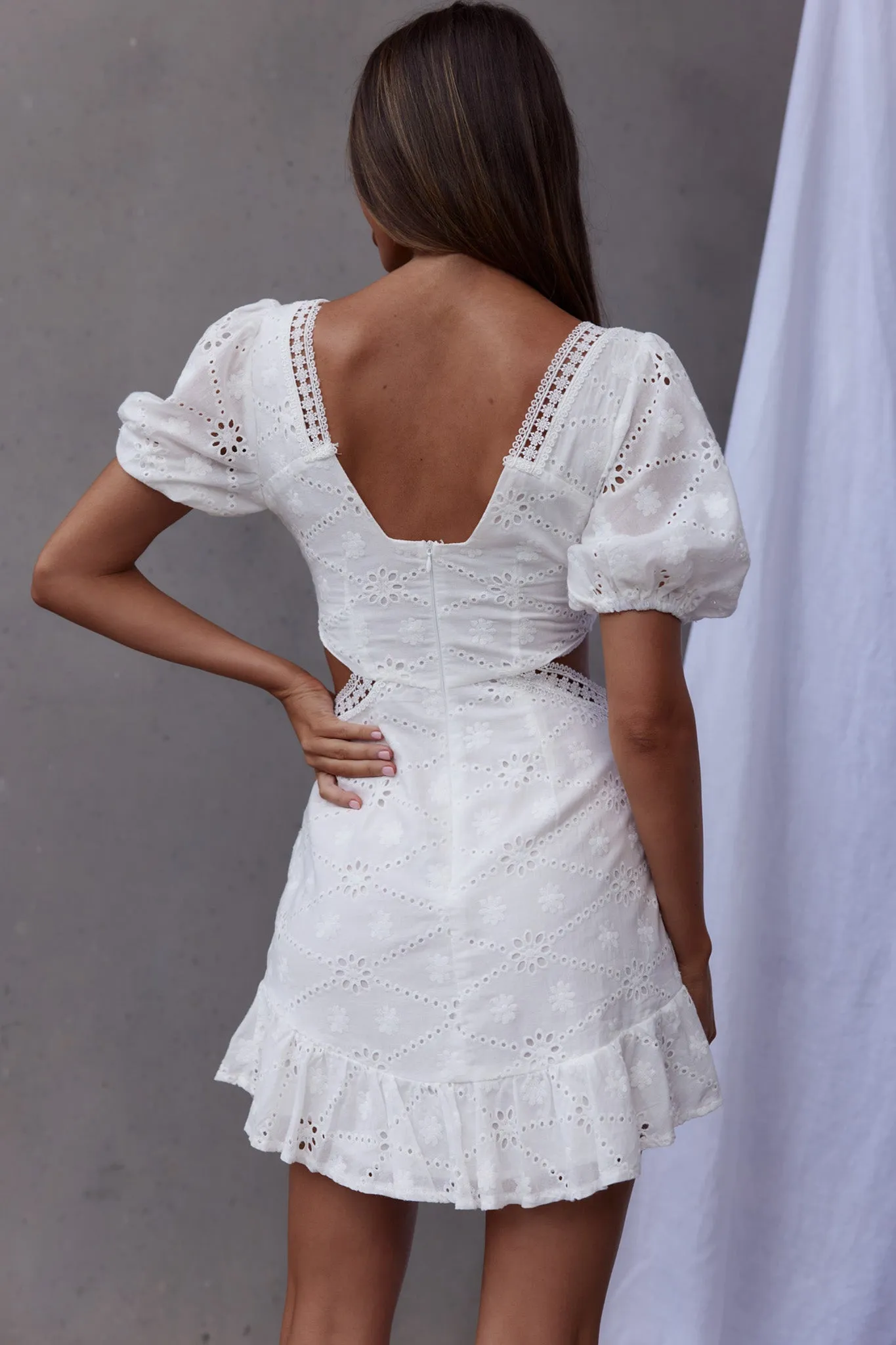 Santorini Sunset Puff Sleeve Cut-Out Eyelet Dress White sold by Selfie Leslie product image thumbnail 2