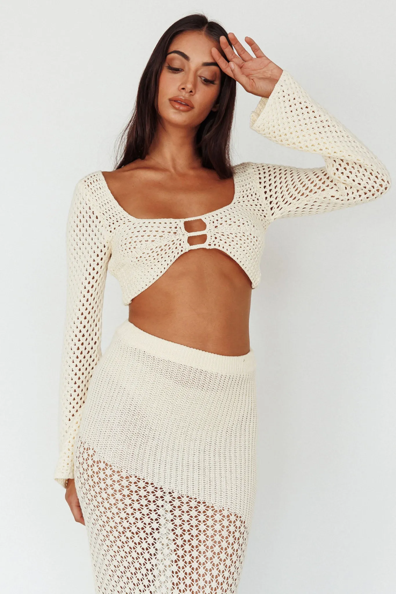 Serenity Sky Long Sleeve Crochet Crop Top Milk sold by Selfie Leslie