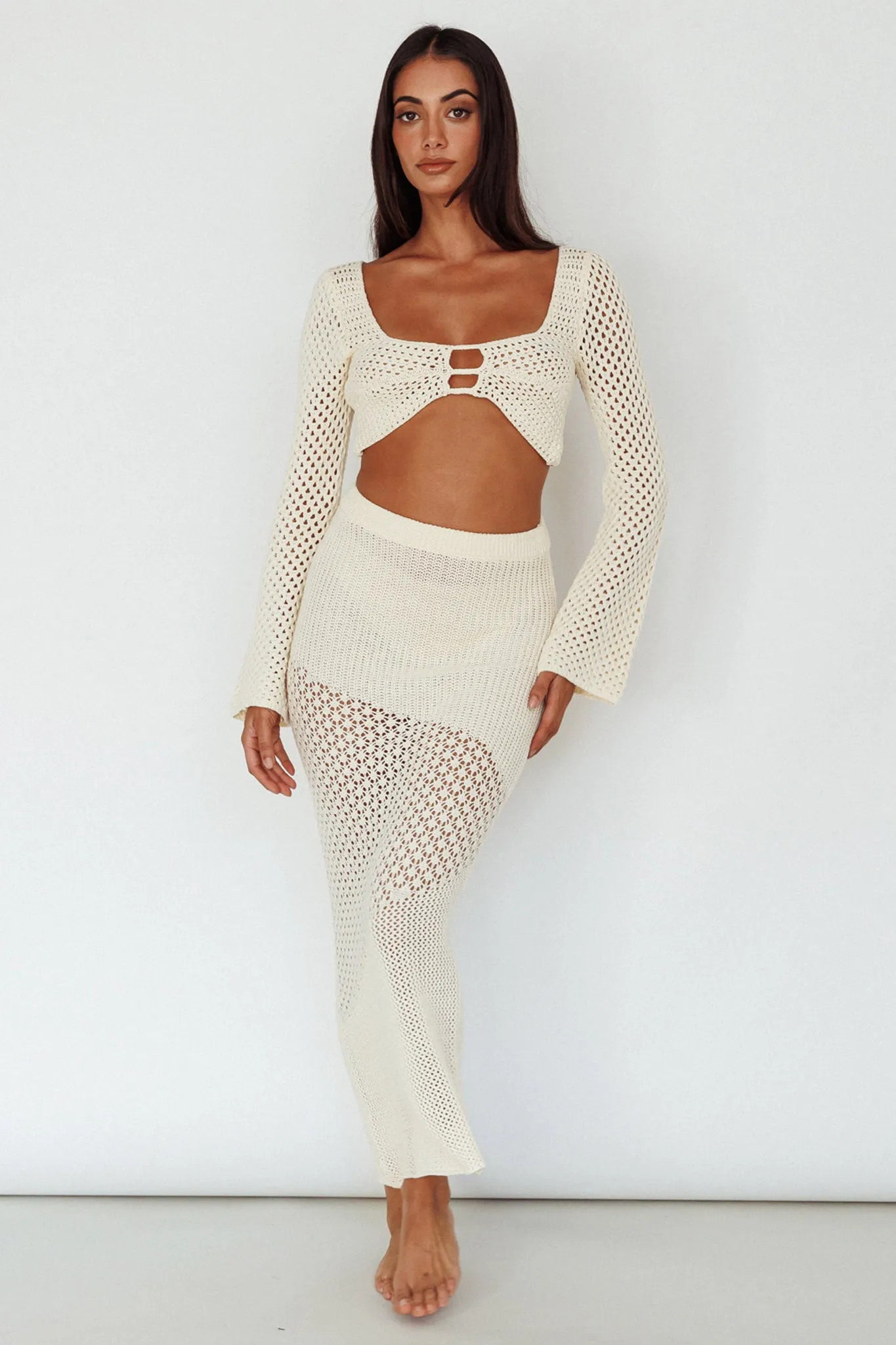 Serenity Sky Long Sleeve Crochet Crop Top Milk sold by Selfie Leslie product image thumbnail 3