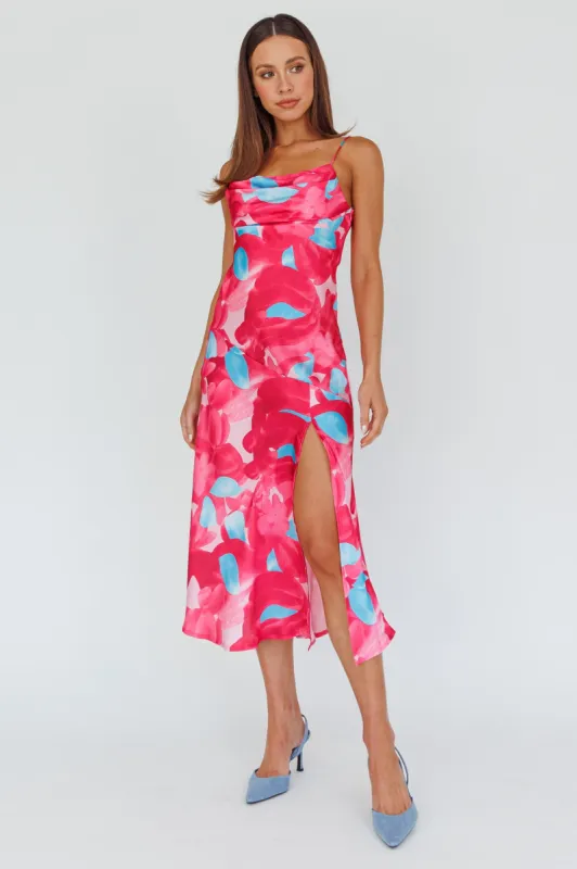 Well Versed Pleated Bust Front Split Dress Flora Pink sold by Selfie Leslie