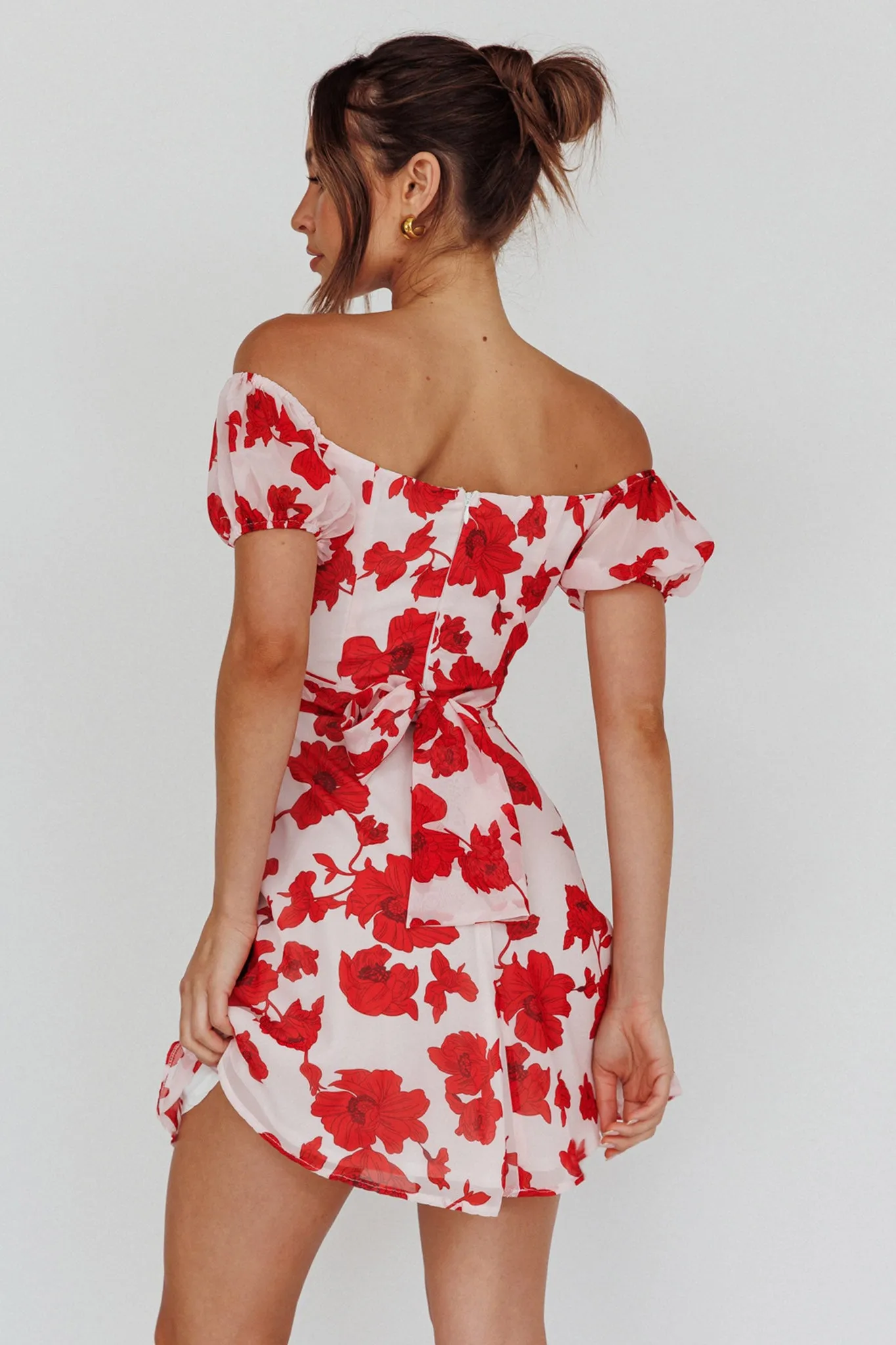 Linka Puff Sleeve Waist Tie Dress Floral Red sold by Selfie Leslie product image thumbnail 2