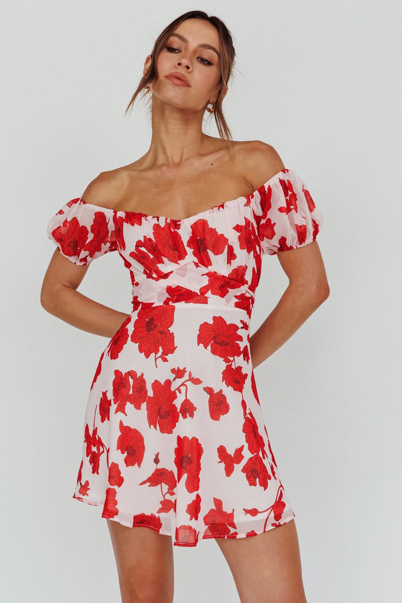 Linka Puff Sleeve Waist Tie Dress Floral Red sold by Selfie Leslie product image thumbnail 5
