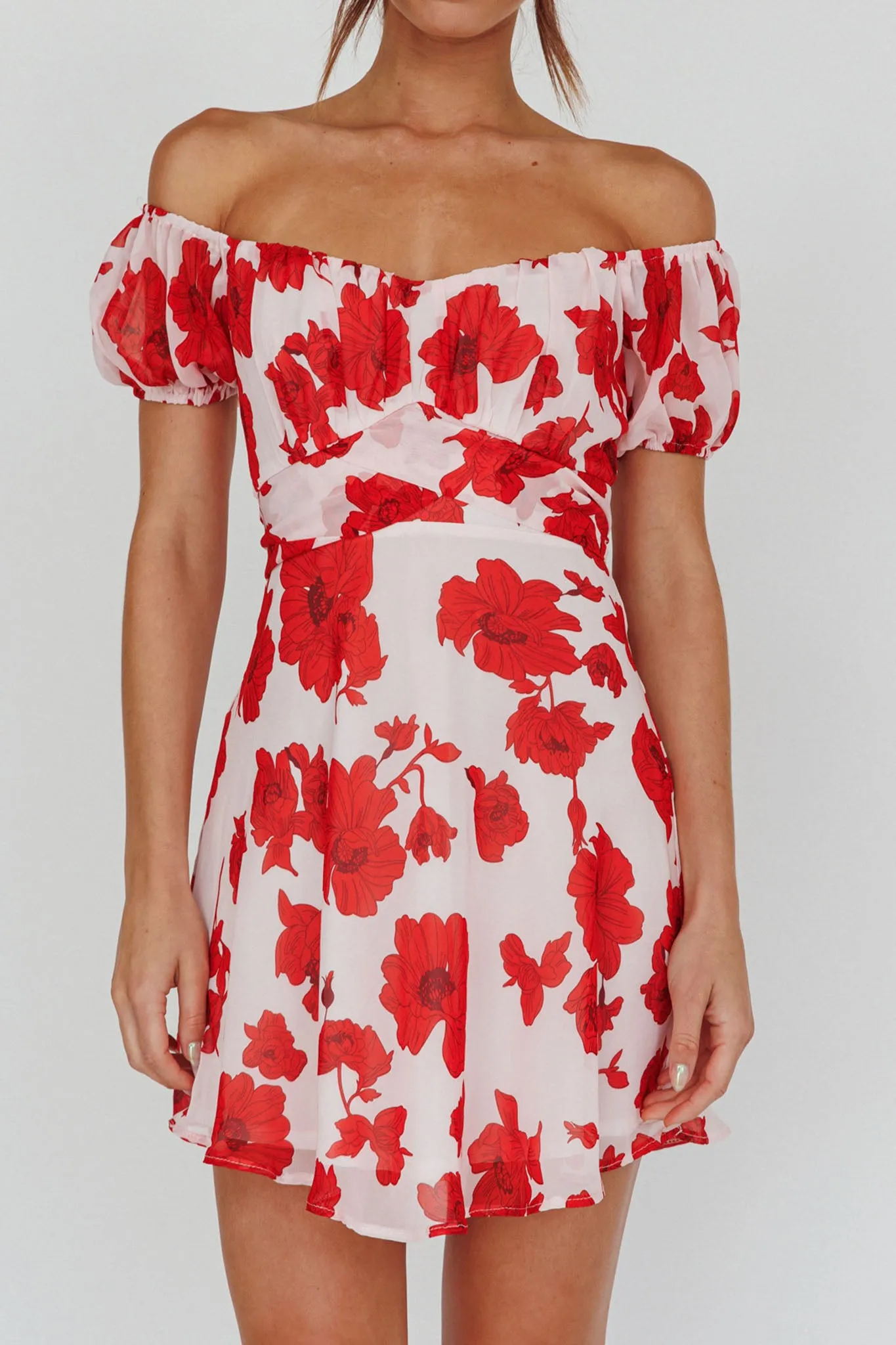 Linka Puff Sleeve Waist Tie Dress Floral Red sold by Selfie Leslie product image thumbnail 4